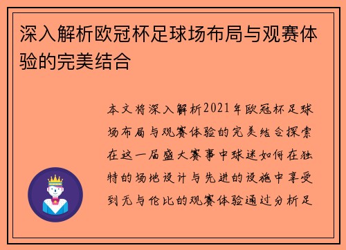 深入解析欧冠杯足球场布局与观赛体验的完美结合