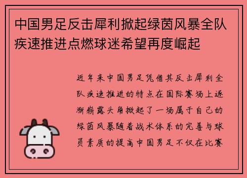 中国男足反击犀利掀起绿茵风暴全队疾速推进点燃球迷希望再度崛起